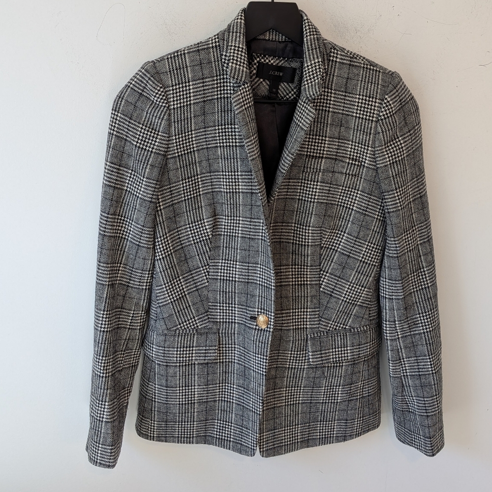 J. Crew Regent Blazer Glen Plaid Wool Houndstooth Gold Buttons Classic Preppy 00